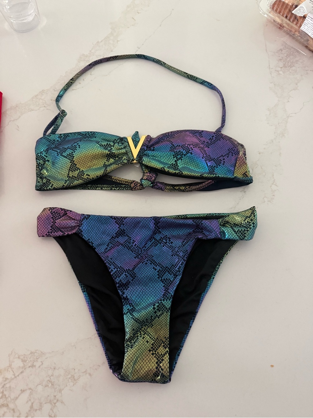 Snake-Print Bandeau Bikini Set in Green-Purple - Picture 2 of 3